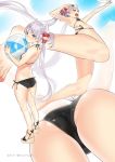  10s 1girl :o alternate_hairstyle ama_mitsuki amatsukaze_(kantai_collection) arms_up artist_name ass ball bare_legs beachball bikini black_bikini breasts bright_pupils brown_eyes dated flat_chest foreshortening from_behind hair_tubes halterneck kantai_collection long_hair looking_at_viewer multiple_views sandals side-tie_bikini silver_hair swimsuit twintails twitter_username very_long_hair 