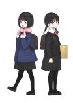  :d backpack bag black_eyes black_hair black_legwear black_shoes black_skirt braid child izumitanu jacket looking_at_viewer open_mouth original pink_scarf pom_pom_(clothes) scarf shoes short_hair short_twintails skirt smile standing twintails 