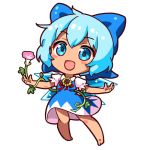  1girl :d bangs barefoot blue_bow blue_dress blue_eyes blue_hair blush_stickers bow cirno commentary dress eyebrows_visible_through_hair flower full_body hair_bow ice ice_wings looking_at_viewer lowres morning_glory open_mouth outstretched_arms puffy_short_sleeves puffy_sleeves renren_(ah_renren) short_hair short_sleeves simple_background smile solo spread_arms sunflower tan tanned_cirno touhou white_background wings 