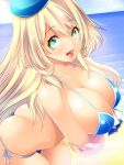  10s 1girl atago_(kantai_collection) bangs beach beret bikini blonde_hair blue_bikini blue_hat breasts butt_crack cleavage collarbone day downpants eyebrows_visible_through_hair front-tie_bikini front-tie_top green_eyes hair_between_eyes hat kantai_collection large_breasts long_hair maki_(seventh_heaven_maxion) ocean open_mouth outdoors side-tie_bottom solo strap_gap swimsuit 