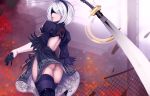  1girl ass back_cutout black_dress blindfold cleavage_cutout covered_eyes dress feather-trimmed_sleeves highres katana leotard long_sleeves looking_back nier_(series) nier_automata parted_lips short_hair silver_hair solo sword thigh-highs toniwing weapon white_leotard yorha_no._2_type_b 