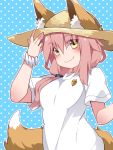  1girl animal_ears blonde_hair blush fate/grand_order fate_(series) fox_ears fox_tail hammer_(sunset_beach) hat hat_with_ears long_hair looking_at_viewer pink_hair shirt smile solo sun_hat t-shirt tail tamamo_(fate)_(all) tamamo_no_mae_(swimsuit_lancer)_(fate) upper_body 
