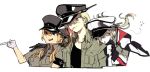  10s 3girls :d alternate_costume bismarck_(kantai_collection) black_gloves blonde_hair blue_eyes capelet cigarette gloves graf_zeppelin_(kantai_collection) grey_jacket hageshii_nakano hair_between_eyes hat kantai_collection long_hair long_sleeves low_twintails military military_uniform mouth_hold multiple_girls open_mouth peaked_cap prinz_eugen_(kantai_collection) short_sleeves sidelocks simple_background smile smoking twintails uniform white_background white_gloves 