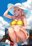 1girl absurdres bag bangs bikini blue_sky blush breast_hold breasts cleavage closed_mouth clouds cloudy_sky collarbone day eyebrows_visible_through_hair fate/grand_order fate_(series) florence_nightingale_(fate/grand_order) frown hair_ribbon half-closed_eyes hat highres hitotsuki_nebura holding jacket_on_shoulders large_breasts legs_together long_hair megaphone open_clothes outdoors pink_hair red_eyes ribbon sandals short_sleeves shoulder_bag side-tie_bikini sidelocks sky solo squatting sun_hat sweat swimsuit test_tube thighs tsurime under_boob yellow_bikini 