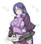  1girl blush bodysuit breasts dango depo_(typebaby505) fate/grand_order fate_(series) fingerless_gloves food gloves highres large_breasts long_hair looking_at_viewer minamoto_no_raikou_(fate/grand_order) purple_hair skewer smile solo very_long_hair violet_eyes wagashi 