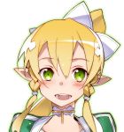  1girl blonde_hair choker green_eyes hair_ornament highres leafa long_hair looking_at_viewer open_mouth pointy_ears ponytail portrait sidelocks simple_background smile solo sword_art_online white_background yoru_kiri 