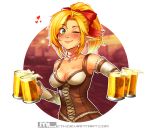  1girl ;) alcohol beer beer_mug blonde_hair borrowed_character bow breasts choker cleavage commentary corset detached_sleeves elf fantasy green_eyes hair_bow hair_over_one_eye heart highres lin_(ronindude) lips looking_at_viewer mathias_leth medium_breasts one_eye_closed original pointy_ears red_bow smile solo waitress 