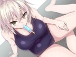  1girl arm_support bangs blonde_hair blue_swimsuit breasts cleavage commentary_request dripping eyebrows_visible_through_hair fate/apocrypha fate_(series) food food_in_mouth food_on_body from_above hair_between_eyes hand_on_own_leg highres jeanne_alter large_breasts looking_at_viewer looking_up mouth_hold one-piece_swimsuit popsicle ramchi ruler_(fate/apocrypha) school_swimsuit short_hair sitting solo swimsuit thighs yellow_eyes 