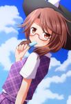  1girl bangs black_hat blue_sky blush bow brown_eyes brown_hair clouds cloudy_sky commentary_request day dutch_angle eyebrows_visible_through_hair food from_side glasses hat hat_bow highres holding looking_at_viewer low_twintails plaid popsicle purple_skirt red-framed_eyewear semi-rimless_glasses shirt short_sleeves skirt skirt_set sky sleeveless solo sweat teoi_(good_chaos) touhou twintails under-rim_glasses upper_body usami_sumireko white_bow white_shirt 