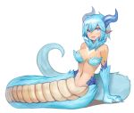  1girl blue_eyes blue_hair blush breasts character_request cleavage highres horns lamia large_breasts looking_at_viewer navel parted_lips pointy_ears short_hair smile solo sookmo 