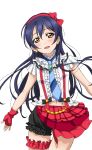  1girl artist_request blue_hair blush bokura_wa_ima_no_naka_de bow breasts brown_eyes checkered earrings fingerless_gloves frills gloves hair_bow hairband jewelry looking_at_viewer love_live! love_live!_school_idol_festival love_live!_school_idol_festival_after_school_activity love_live!_school_idol_project navel necktie official_art open_mouth outstretched_arms plaid puffy_pants puffy_shorts shorts small_breasts smile solo sonoda_umi spread_arms striped striped_necktie suspenders thigh_gap 