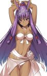  1girl armpits bra bracelet collarbone dark_skin facial_mark fate/grand_order fate_(series) gluteal_fold jewelry navel nitocris_(fate/grand_order) nitocris_(swimsuit_assassin)_(fate) purple_hair sarong shiseki_hirame solo strapless strapless_bra underwear violet_eyes 