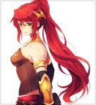  1girl armor bangs bare_shoulders breasts elbow_gloves from_side gloves green_eyes hair_ornament jewelry long_hair looking_at_viewer mohuta1203 ponytail pyrrha_nikos redhead rwby smile solo swept_bangs vambraces 