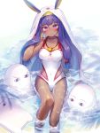  1girl animal_ears blush covered_navel dark_skin facial_mark fate/grand_order fate_(series) ibara_riato jewelry long_hair looking_at_viewer medjed necklace nitocris_(fate/grand_order) nitocris_(swimsuit_assassin)_(fate) one-piece_swimsuit partially_submerged purple_hair solo swimsuit very_long_hair violet_eyes 