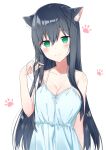  1girl animal_ears bangs black_hair blue_dress blush breasts cat_ears cleavage closed_mouth collarbone dress eyebrows_visible_through_hair green_eyes hair_between_eyes hair_ornament hair_tousle hand_up highres large_breasts light_smile long_hair looking_at_viewer original paw_background shikuro_(iorimiyakiyo) sidelocks simple_background smile solo tsurime white_background x_hair_ornament 