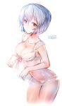  1girl 2015 ayanami_rei blue_hair bra breasts cleavage collarbone dated eyebrows_visible_through_hair hair_between_eyes highres looking_at_viewer medium_breasts neon_genesis_evangelion panties red_eyes red_ribbon ribbon rondo_bell shiny shiny_skin short_hair signature simple_background sketch solo standing underwear underwear_only white_background white_bra white_panties 