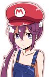  1girl akebono_(kantai_collection) bare_shoulders collarbone cosplay expressionless flower hair_flower hair_ornament hat highres kantai_collection kasoku_souchi long_hair looking_at_viewer mario mario_(cosplay) super_mario_bros. naked_overalls overalls purple_hair side_ponytail simple_background solo super_mario_bros. violet_eyes 