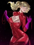  1girl absurdres artist_name bangs blonde_hair blue_eyes bodysuit boots breasts cat_tail cleavage_cutout full-length_zipper gloves highres lips long_hair looking_at_viewer parted_lips persona persona_5 purple_gloves ragecndy red_bodysuit skin_tight swept_bangs tail takamaki_anne thigh-highs thigh_boots twintails wavy_hair work_in_progress zipper 