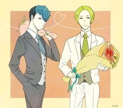  black_hair blue_hair bouquet fire_emblem fire_emblem_echoes:_mou_hitori_no_eiyuuou fire_emblem_gaiden flower force_(fire_emblem) formal green_hair highres holding looking_at_viewer multicolored_hair paison smile suit two-tone_hair 