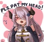  &gt;_o /\/\/\ 1girl artist_name bare_shoulders black_gloves blush braid clenched_hands commentary doraf english fingerless_gloves flying_sweatdrops gloves granblue_fantasy hair_ornament hair_over_one_eye head_tilt horns lavender_hair long_hair narumeia_(granblue_fantasy) nose_blush one_eye_closed open_mouth orakuru signature solo 