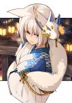  1girl alternate_costume angry_num animal_ears azur_lane blue_eyes blush fox_ears from_above japanese_clothes kaga_(azur_lane) kimono looking_to_the_side mask mask_on_head parted_lips short_hair signature silver_hair solo yukata 