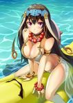  1girl armband arms_between_legs banana_boat bangle bead_bracelet bead_necklace beads bikini blush bracelet breasts brown_hair cleavage earrings fate_(series) hat hat_removed headpiece headwear_removed highres hoop_earrings ichimegasa jewelry large_breasts leaning_forward long_hair looking_at_viewer multi-strapped_bikini necklace pink_eyes prayer_beads side-tie_bikini smile solo swimsuit urayama_(backmountain) very_long_hair water white_bikini xuanzang_(fate/grand_order) 