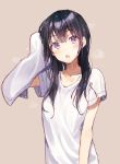  1girl :o bangs black_hair blush collarbone commentary drying drying_hair eyebrows_visible_through_hair holding holding_towel long_hair looking_at_viewer open_mouth original rimo shirt short_sleeves solo t-shirt towel upper_body violet_eyes white_shirt 