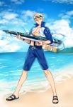  1boy absurdres adapted_costume ahoge artoria_pendragon_(all) artoria_pendragon_(swimsuit_archer) beach blonde_hair blue_sky clouds fate/grand_order fate/prototype fate_(series) full_body goggles goggles_on_head green_eyes highres looking_at_viewer male_swimwear ocean pectorals saber saber_(fate/prototype) sandals seseragi_azuma shore short_hair sky smile swim_trunks swimwear water_gun 