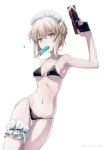  1girl arm_behind_back artoria_pendragon_(all) artoria_pendragon_(swimsuit_rider_alter)_(fate) bangs bare_arms bare_shoulders bikini black_bikini blonde_hair braid breasts breasts_apart collarbone commentary_request contrapposto cowboy_shot eyebrows_visible_through_hair fate/grand_order fate_(series) finger_on_trigger fingernails food french_braid frills gluteal_fold groin gun hair_between_eyes hair_bun hand_on_hip hand_on_thigh hand_up handgun highres holding holding_gun holding_weapon leg_garter long_fingernails looking_at_viewer maid maid_bikini maid_headdress medium_breasts midriff mouth_hold navel popsicle puma_(hyuma1219) saber saber_alter short_hair sidelocks simple_background small_breasts solo stomach swimsuit thigh_gap tsurime twitter_username under_boob weapon white_background yellow_eyes 