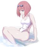  10s 1girl ark_royal_(kantai_collection) arm_support blue_eyes breasts cleavage cold collarbone competition_swimsuit covered_navel goggles goggles_on_head highres kantai_collection kurihara_kenshirou looking_down medium_breasts one-piece_swimsuit partially_submerged pool redhead short_hair sitting solo swimsuit wavy_mouth white_swimsuit 