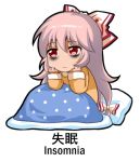  1girl bags_under_eyes bow chibi chinese commentary_request english fujiwara_no_mokou hair_bow hair_ribbon long_hair pajamas red_eyes ribbon shangguan_feiying simple_background sleepy solo touhou translation_request white_background 