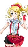  1girl artist_request ayase_eli bangs blonde_hair blue_eyes blush bokura_wa_ima_no_naka_de bow checkered earrings fingerless_gloves frills gloves hair_bow jewelry long_hair looking_at_viewer love_live! love_live!_school_idol_festival love_live!_school_idol_festival_after_school_activity love_live!_school_idol_project navel necktie official_art one_eye_closed open_mouth parted_bangs plaid ponytail puffy_shorts shorts smile solo suspenders teeth 