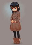  1girl alkemanubis black_hair black_legwear blue_eyes boots coat commentary full_body highres long_hair looking_at_viewer original pantyhose signature simple_background smile solo 