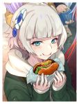  2girls bangs blue_eyes crescent crescent_hair_ornament eating eyebrows_visible_through_hair food food_on_face green_jacket hair_ornament hamburger holding holding_food jacket jewelry long_hair meteora_osterreich multiple_girls popcorn re:creators redhead ring selesia_upitiria short_hair silver_hair yuu_(higashi_no_penguin) 