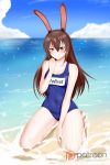  1girl alfred_cullado blue_sky blush breasts brown_eyes brown_hair character_name cleavage clouds covered_navel hair_between_eyes highres long_hair medium_breasts ocean patreon_logo rwby sand school_swimsuit shoreline sitting sky smile solo swimsuit thighs velvet_scarlatina wariza water watermark web_address 