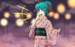  1girl alternate_costume alternate_hairstyle animal_ears green_eyes green_hair japanese_clothes kasodani_kyouko kimono looking_at_viewer meimaru_inuchiyo obi open_mouth ponytail sash short_hair smile solo touhou yukata 