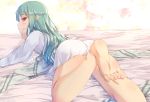  1girl ass barefoot blue_hair blush chin_rest feet from_behind highres hikari_niji japanese_clothes kimono kiriha_(tsugumomo) long_hair looking_back lying obi on_stomach parted_lips pink_eyes profile sash slit_pupils soles solo toes tsugumomo 