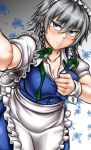  1girl apron artist_request blue_hair blush braid breasts cleavage commentary_request grey_hair hair_between_eyes highres izayoi_sakuya large_breasts looking_at_viewer maid maid_apron touhou twin_braids 