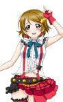  1girl artist_request bangs bare_shoulders belt blush bokura_wa_ima_no_naka_de bow breasts brown_hair checkered earrings fingerless_gloves frills gloves hair_ornament jewelry koizumi_hanayo looking_at_viewer love_live! love_live!_school_idol_festival love_live!_school_idol_festival_after_school_activity love_live!_school_idol_project navel nervous_smile official_art open_mouth parted_bangs plaid puffy_short_sleeves puffy_sleeves raised_eyebrows short_hair short_sleeves skirt smile solo star star_hair_ornament suspenders transparent_background violet_eyes 