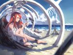  1girl angel_wings asymmetrical_wings bare_legs barefoot beach bird bird_on_hand blood bloody_wings blue_sky blurry bra clouds cuffs day demon_wings depth_of_field dress feathered_wings hand_up highres knee_up long_hair looking_down ocean original outdoors parted_lips pointy_ears profile red_eyes redhead seagull shackles shadow shifan_bluz sitting skeleton sky solo torn_clothes torn_dress underwear white_bra white_dress wings 