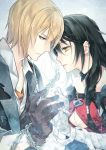  1boy 1girl bare_shoulders black_hair blonde_hair blue_eyes choker eizen_(tales) gloves icylove long_hair short_hair simple_background tales_of_(series) tales_of_berseria velvet_crowe very_long_hair yellow_eyes 