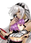  2girls altera_(fate) black_nails breasts character_request dark_skin fate/grand_order fate_(series) head_hug helena_blavatsky_(fate/grand_order) hug kofunami_nana looking_at_viewer multiple_girls nail_polish purple_hair red_eyes silver_hair sketch veil violet_eyes white_background 