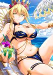  1girl artist_name artoria_pendragon_(all) artoria_pendragon_(lancer) bangs beach_chair belly_chain bikini blonde_hair blue_bikini breasts cleavage collarbone crown day drink fate/grand_order fate_(series) flower frown hair_between_eyes hair_flower hair_ornament holding_glass jewelry large_breasts long_hair looking_at_viewer navel ocean outdoors sakiyamama sitting sky solo swimsuit thigh_strap umbrella under_boob wristband yellow_eyes 