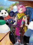  1boy blue_hair copyright_name crystal force_of_will gem hat heterochromia jewelry leaf male_focus matsurika_youko multicolored_hair necklace official_art panda pink_hair scarf solo teeth two-tone_hair upper_body 
