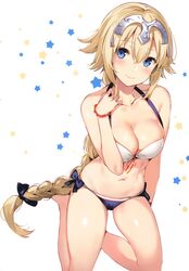  1girl absurdres bangs bare_shoulders bikini blonde_hair blue_bikini_bottom blue_eyes blush bow bow_bikini bracelet braid breasts cleavage closed_mouth collarbone detexted eyebrows_visible_through_hair fate/apocrypha fate_(series) front-tie_bikini front-tie_top hair_between_eyes hair_bow halterneck hand_on_own_shoulder headpiece highres hips jewelry large_breasts legs long_braid long_hair looking_at_viewer navel revision ruler_(fate/apocrypha) scan simple_background single_braid sitting solo star swimsuit thighs very_long_hair waist white_background white_bikini_top yokozuwari yuran 