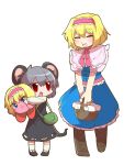  2girls :d alice_margatroid animal_ears bag blonde_hair blue_eyes boots cross-laced_footwear dress grey_hair handbag headband hug kirby kirby_(series) lace-up_boots long_sleeves mouse_ears mouse_tail multiple_girls nazrin nintendo open_mouth picnic_basket puffy_short_sleeves puffy_sleeves red_eyes short_sleeves smile syowahoka tail touhou transparent_background 