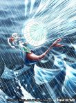  1girl blue_eyes breasts cleavage copyright_name force_of_will hair_ornament long_hair mermaid monster_girl official_art open_mouth oriental_umbrella rain solo teeth umbrella water white_hair 