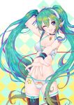  1girl ;d arm_up bikini checkered checkered_background goodsmile_company goodsmile_racing green_eyes green_hair hatsune_miku headphones highres long_hair nail_polish one_eye_closed open_mouth outstretched_arm racequeen racing_miku smile solo swimsuit tattoo thigh-highs twintails very_long_hair vocaloid white_bikini 
