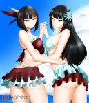  2girls alfred_cullado ass black_hair breasts cowboy_shot eyeshadow front-tie_top green_eyes groin hand_holding hand_on_another&#039;s_hip highres large_breasts legs long_hair looking_at_viewer makeup melanie_malachite miltiades_malachite multiple_girls ocean patreon_logo rwby short_hair siblings swimsuit swimsuit_skirt thighs twins under_boob watermark web_address 