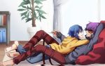  1boy 2boys barefoot blue_eyes blue_hair casual controller flipped_hair hood hoodie kanoya_rui lying lying_on_another male_focus mirokuji_yuuya multiple_boys open_mouth plant popped_collar purple_hair re:creators remote_control short_hair smile soujiroh_orz sunglasses 